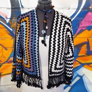Granny Square Colorful Floral Fringe Sweater M/L